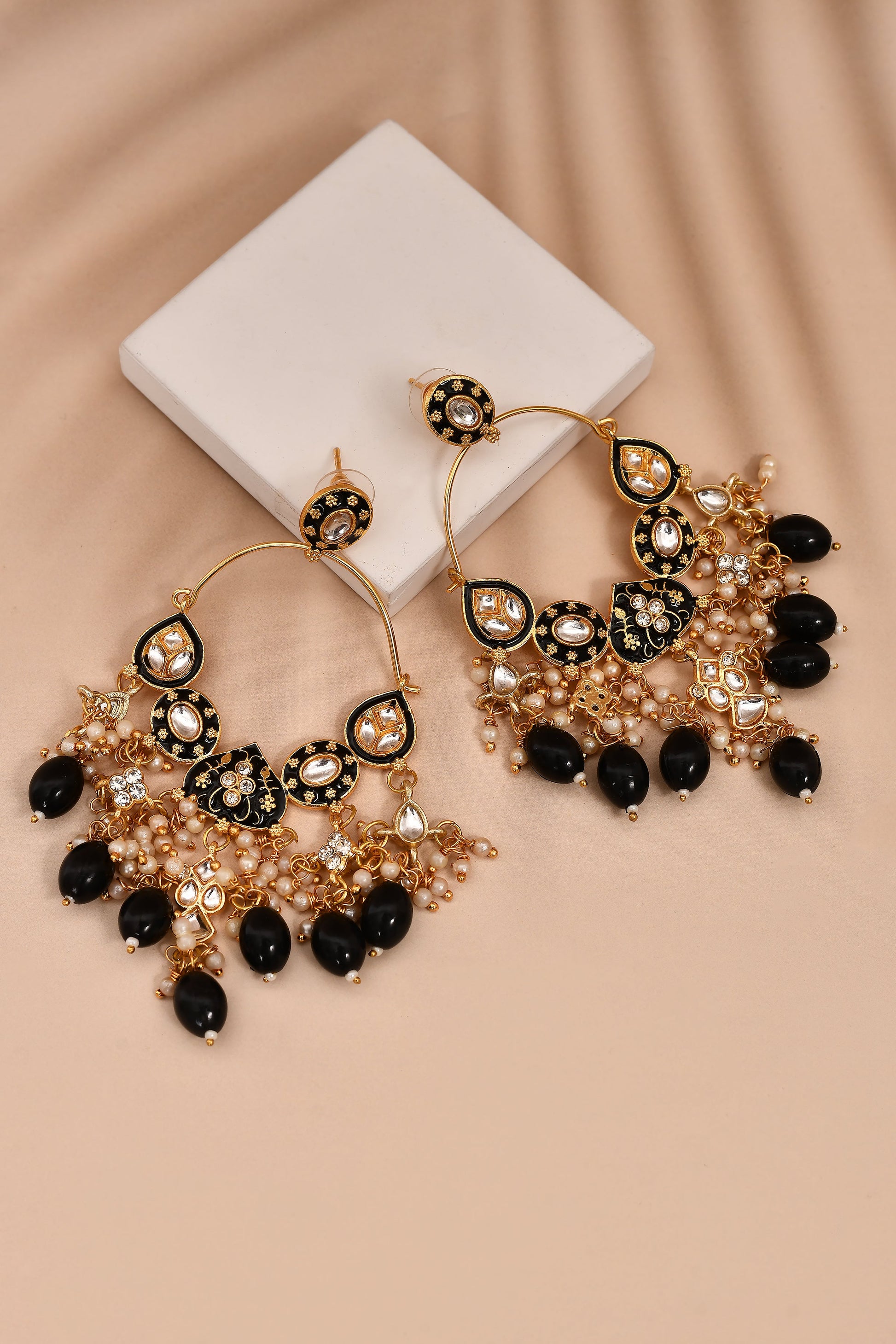 New Stylish Ethnic Partywear Black Hoops Kundan Earrings for Womens by House of Ree | Swadesiicart