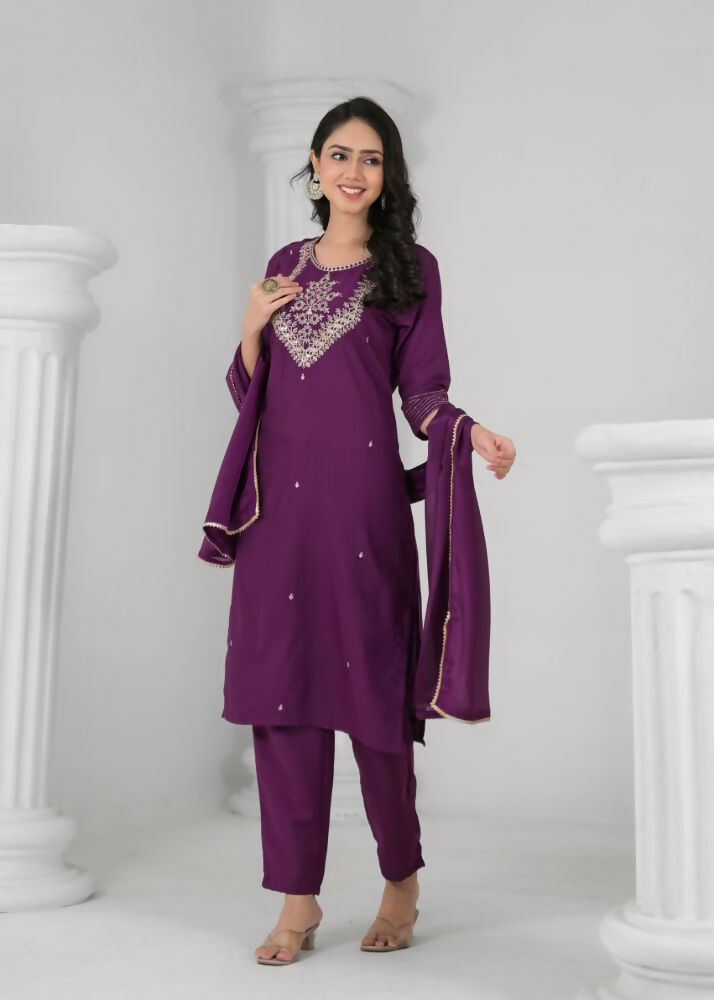 Ethnic Festive Wear Reyon Wine Stitched Suit With Dupatta - Tanisha | Swadesiicart