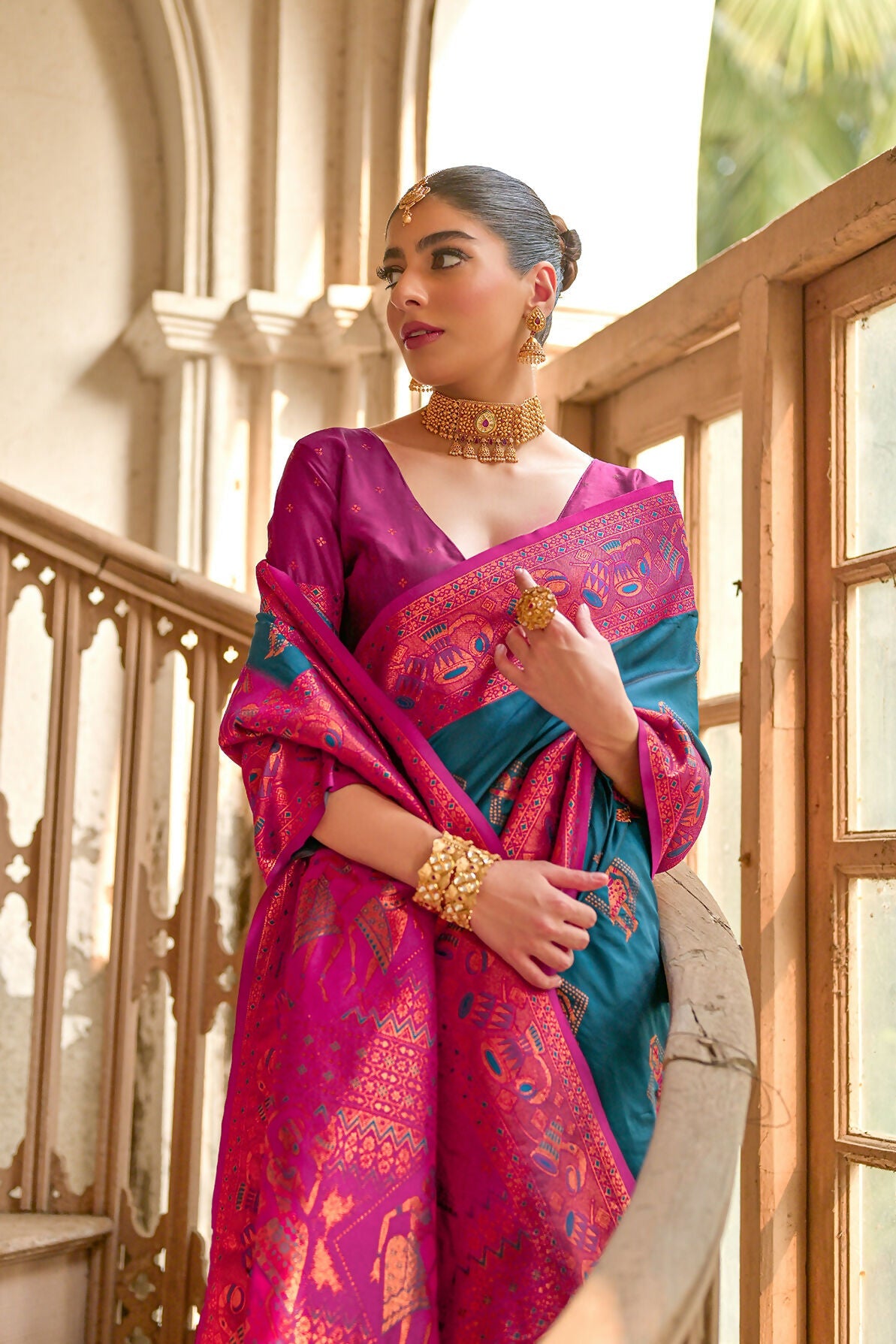 Vishnu Weaves Women's Blue Banarasi Silk Kalamkari Zari Woven Saree with Blouse - Swadesiicart