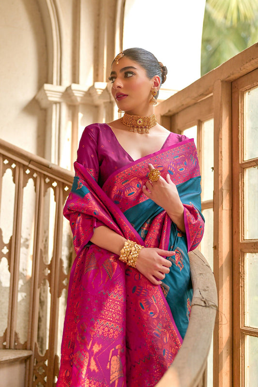 Vishnu Weaves Women's Blue Banarasi Silk Kalamkari Zari Woven Saree with Blouse - Swadesiicart