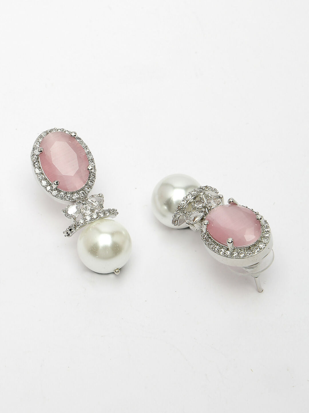 NVR Women's Silver-Plated Pink American Diamond Studded Handcrafted Jewellery Set - Swadesiicart