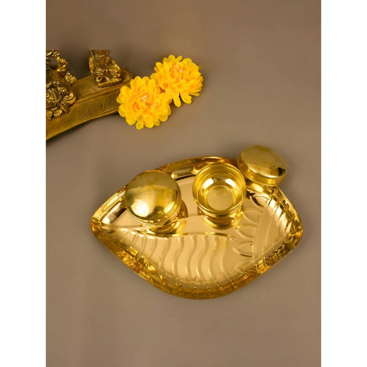 Spillbox Gold-toned Textured Brass Sangu Thali With 2 Pieces Bowl Pooja Essential | Swadesiicart