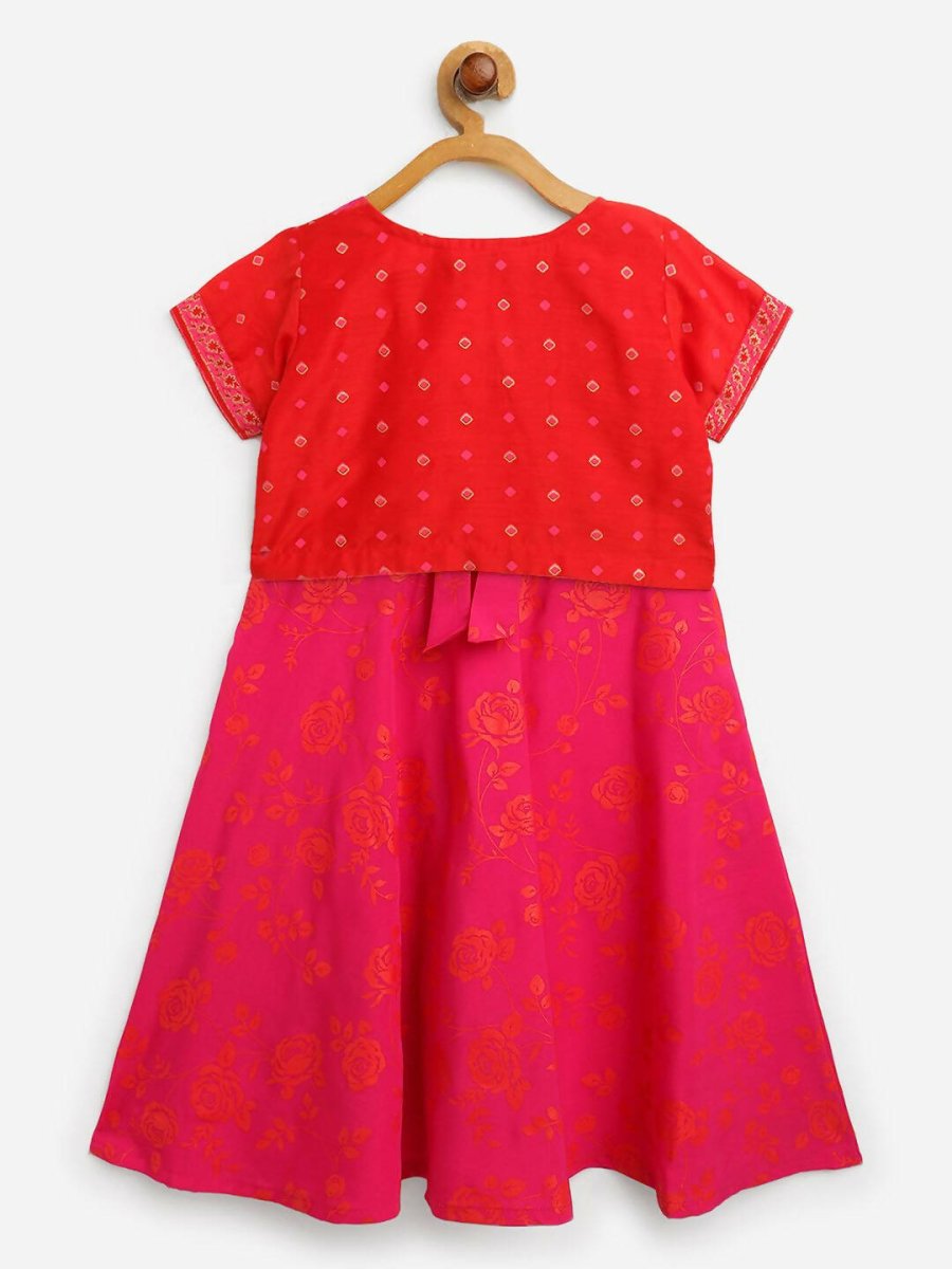 Ahalyaa Pink Crepe Floral Printed Kids Kurta with Jacket For Girls | Swadesiicart