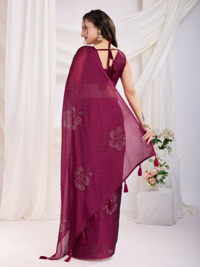 Maroon Rangoli Silk Diamond Work Ready To Wear Saree - Tamana | Swadesiicart