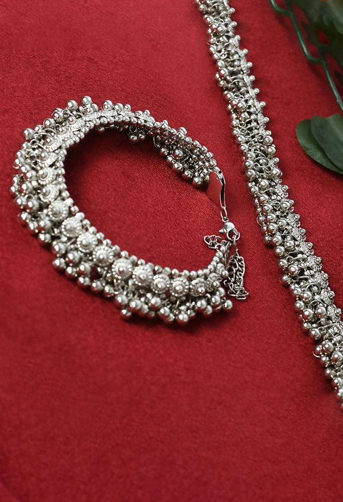 Mominos Fashion Kamal Johar Oxidised Heavy Silver Anklets | Swadesiicart