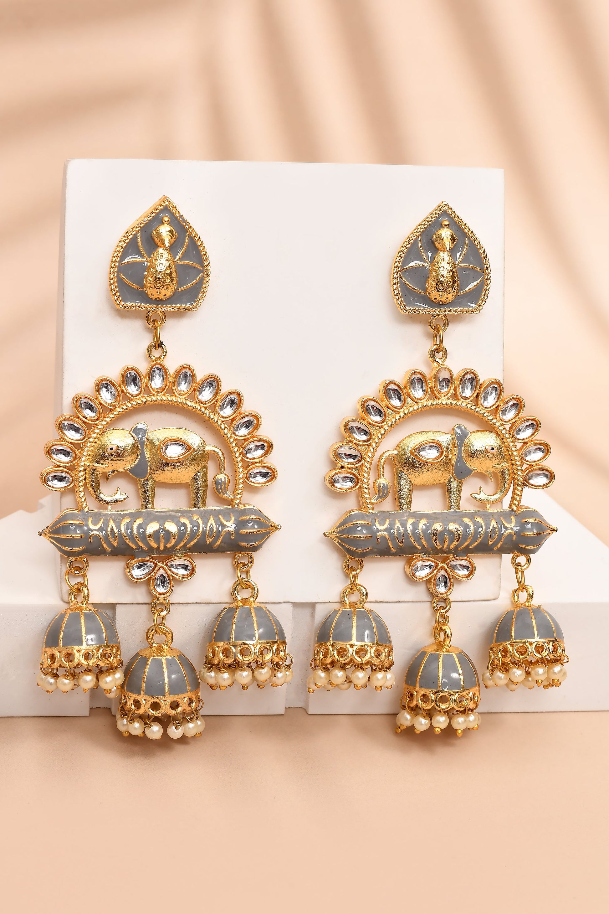 Elephant Shape Gray Jhumki Drop Earrings for Womens by House of Ree | Swadesiicart