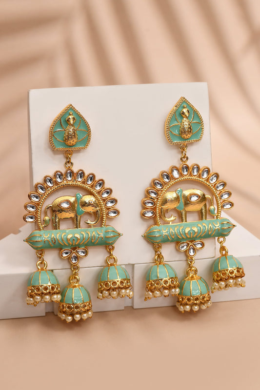 Elephant Shape Light Green Jhumki Drop Earrings for Womens by House of Ree | Swadesiicart
