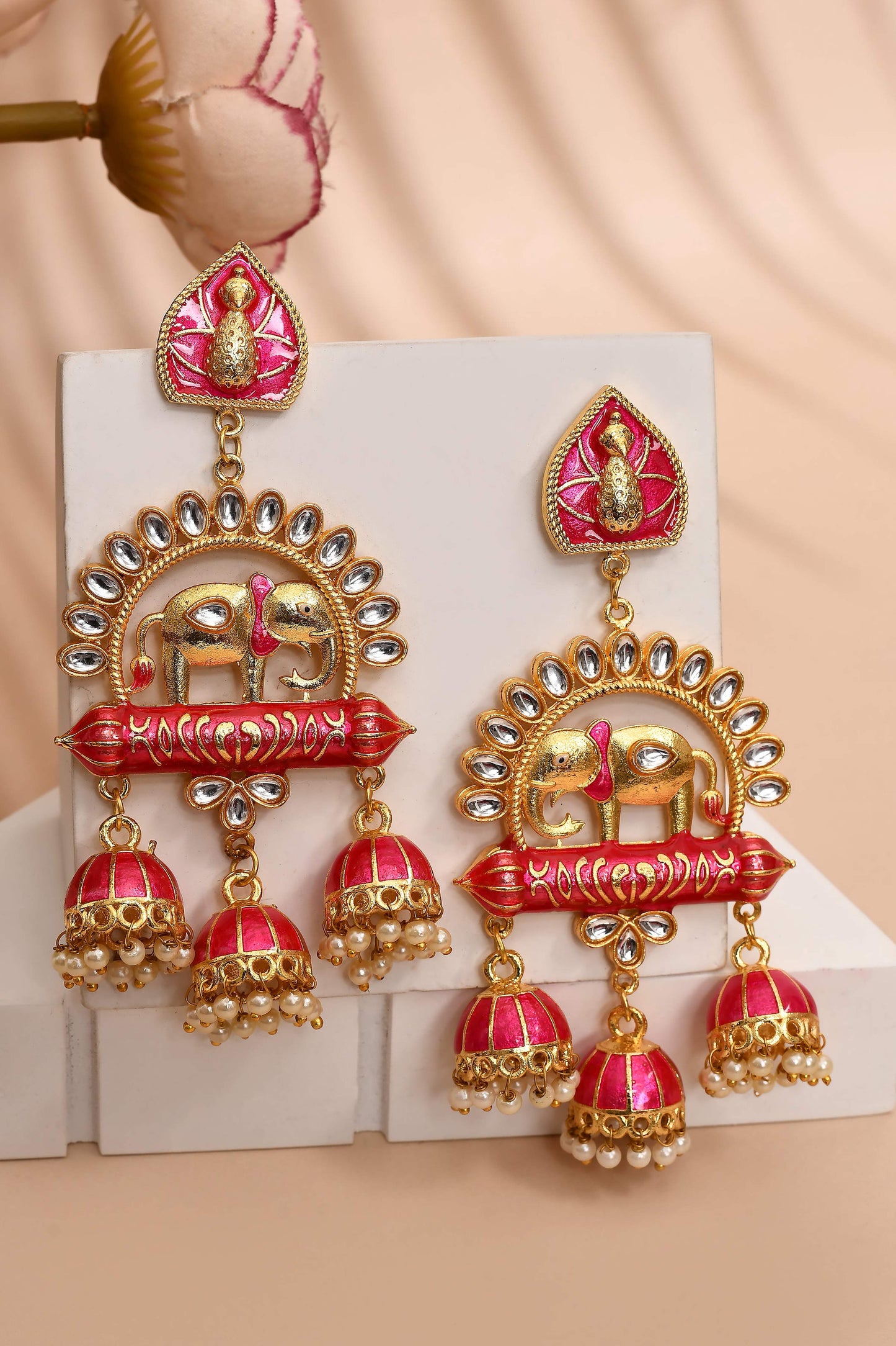 Elephant Shape Dark Pink Jhumki Drop Earrings for Womens by House of Ree | Swadesiicart