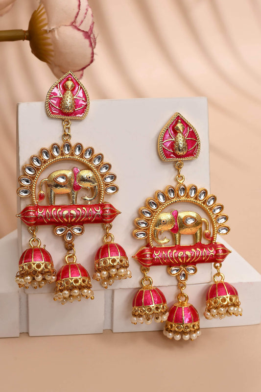 Elephant Shape Dark Pink Jhumki Drop Earrings for Womens by House of Ree | Swadesiicart
