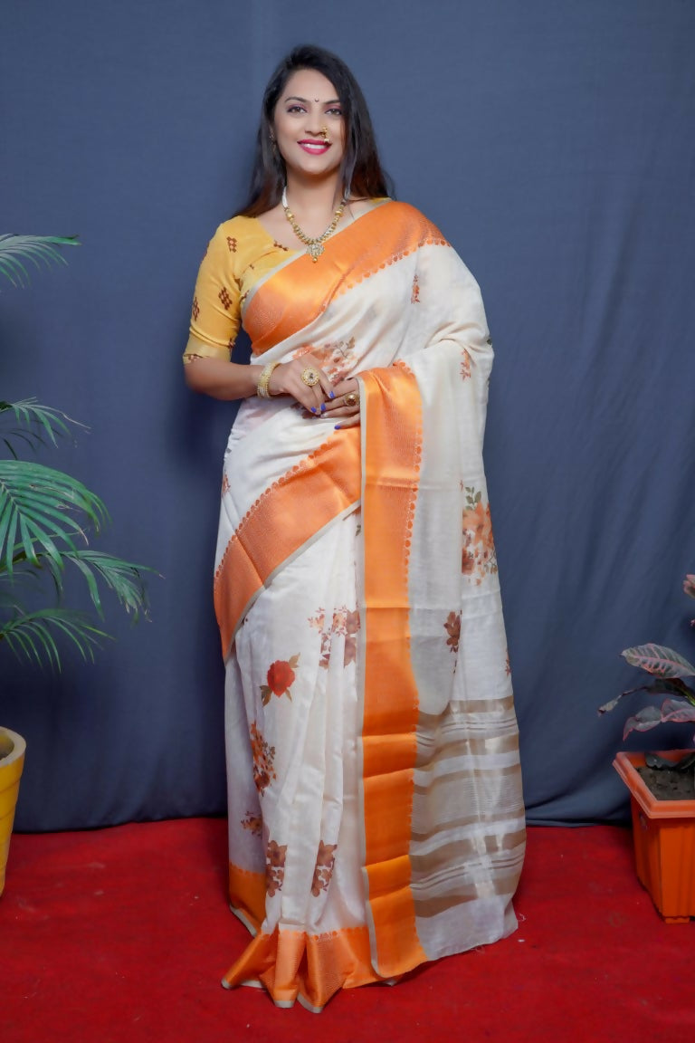 Jyoti Fashion Women's Orange Linen Silk Digital Print with Jacquard Woven Border Saree with Blouse | Swadesiicart