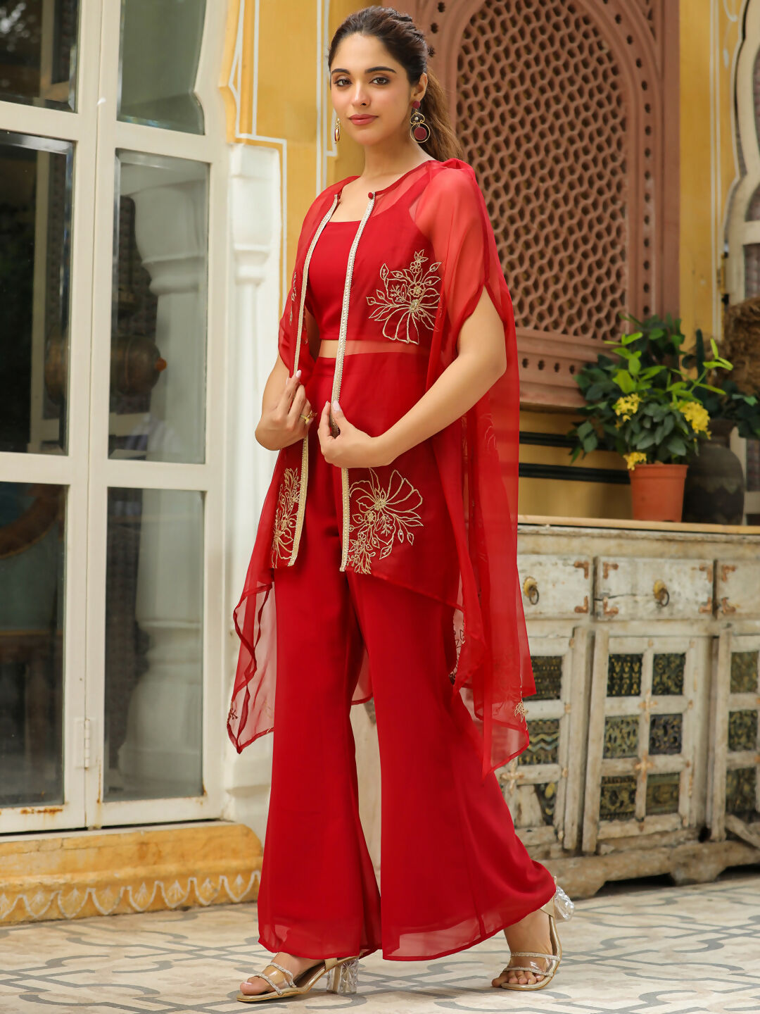 Janasya Maroon Georgette Solid Top Bottom Cape | Swadesiicart