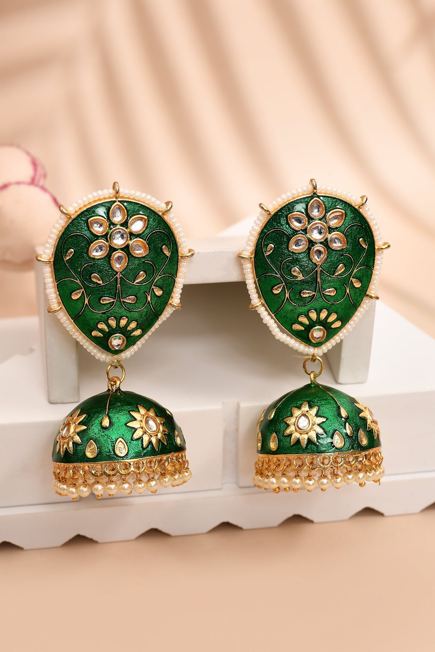 Dark Green Jhumka Earrings for Womens for Ethnic Party by House of Ree | Swadesiicart