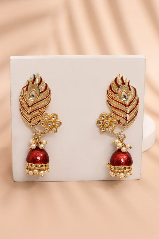 Peacock Feather Pattern Maroon Jhumki Drop Earrings for Womens by House of Ree | Swadesiicart
