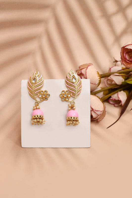 Peacock Feather Pattern Light Pink Jhumki Drop Earrings for Womens by House of Ree | Swadesiicart