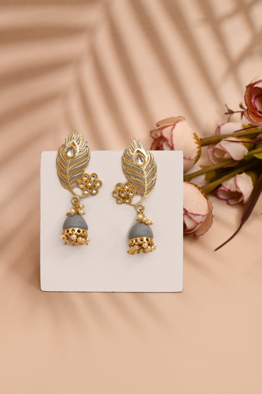 Peacock Feather Pattern Gray Jhumki Drop Earrings for Womens by House of Ree | Swadesiicart