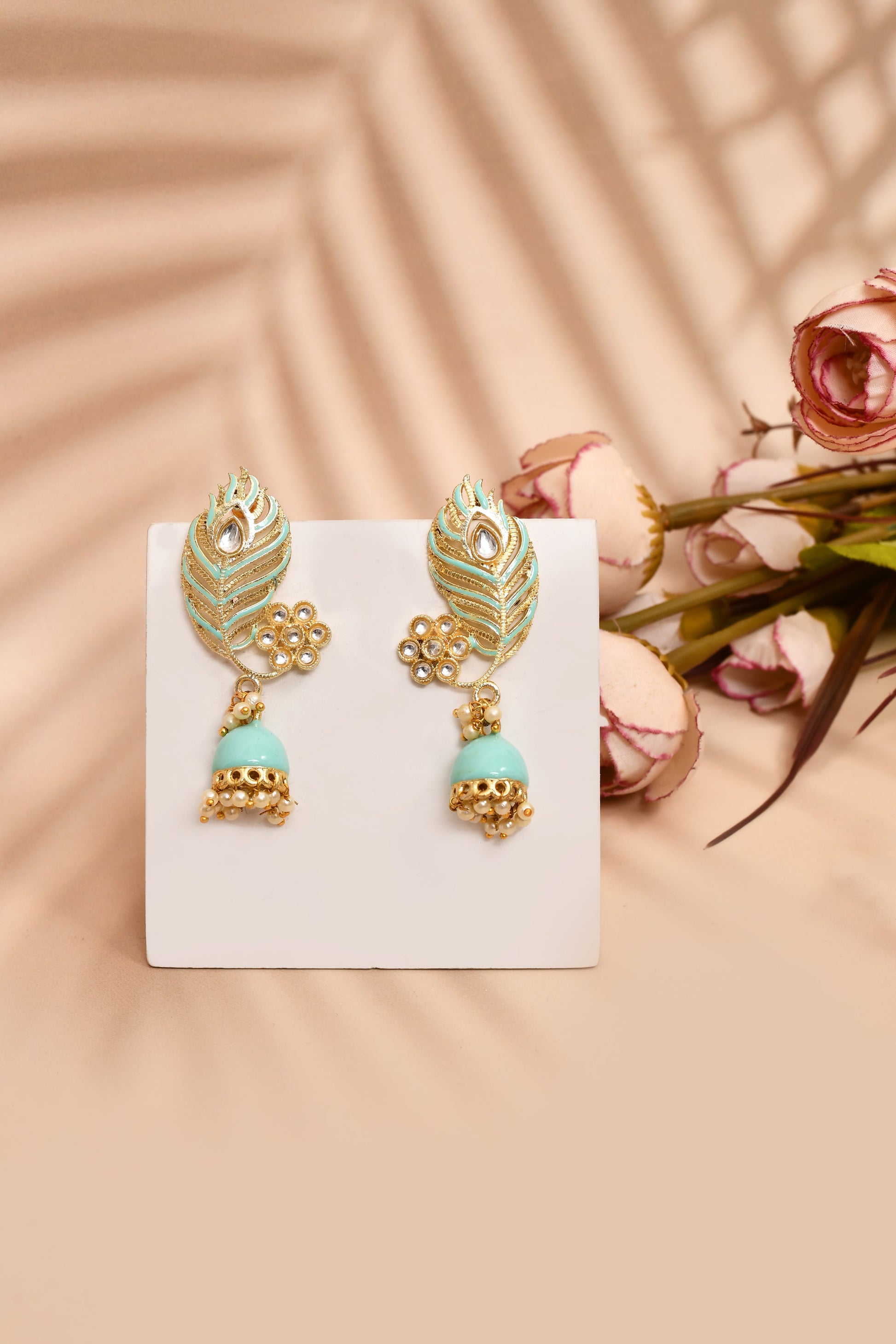 Peacock Feather Pattern Sky Blue Jhumki Drop Earrings for Womens by House of Ree | Swadesiicart