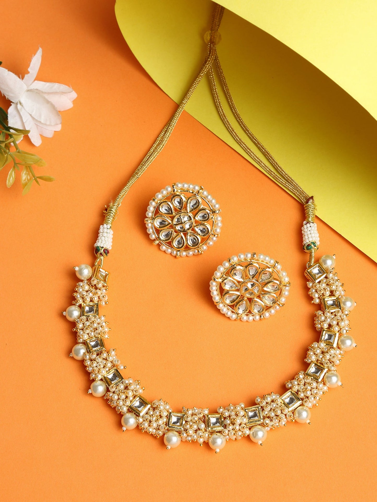 Pearl Kundan Choker With Studs - Ruby Raang | Swadesiicart