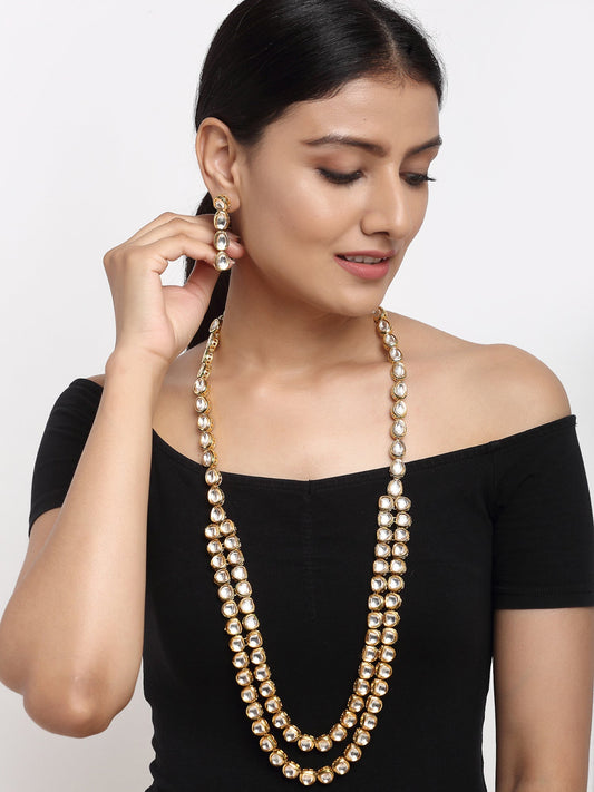 Gold-Polished Long Kundan Neckpiece With Earrings - Ruby Raang - Ruby Raang Studio
