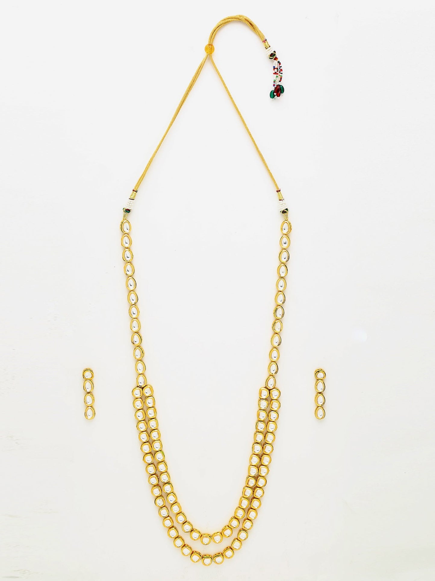 Gold-Polished Long Kundan Neckpiece With Earrings - Ruby Raang - Swadesiicart