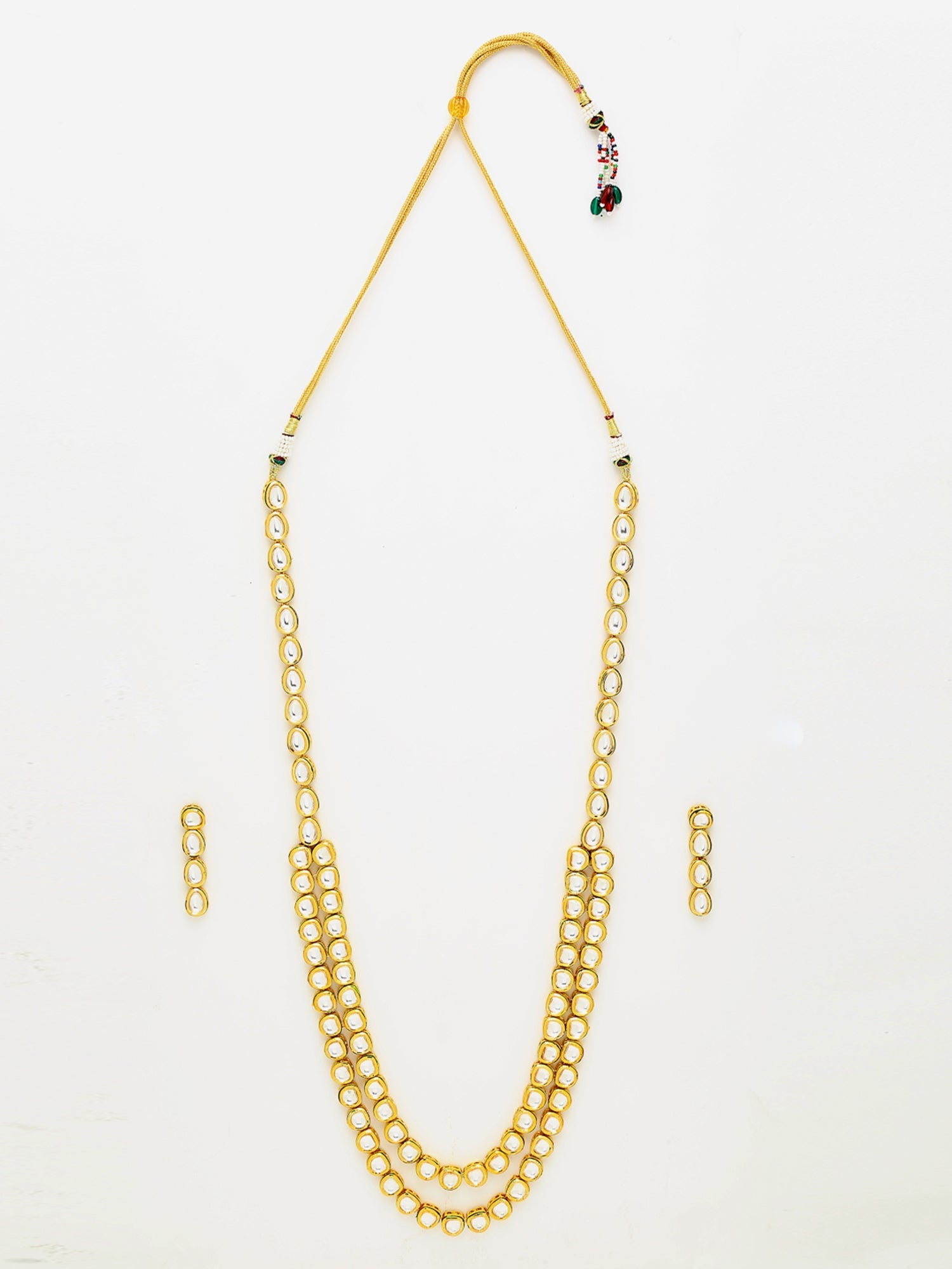 Gold-Polished Long Kundan Neckpiece With Earrings - Ruby Raang - Swadesiicart