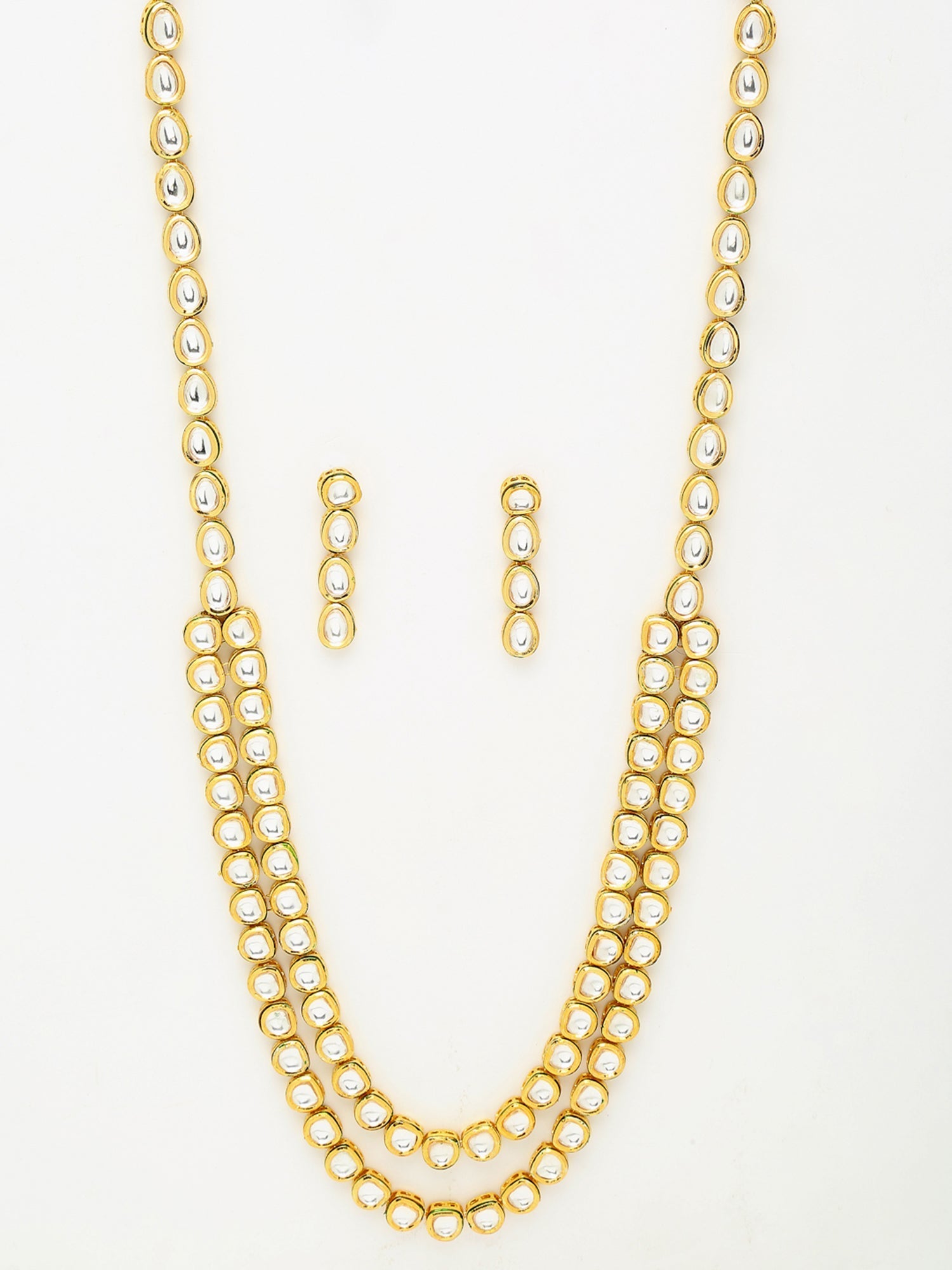 Gold-Polished Long Kundan Neckpiece With Earrings - Ruby Raang - Swadesiicart