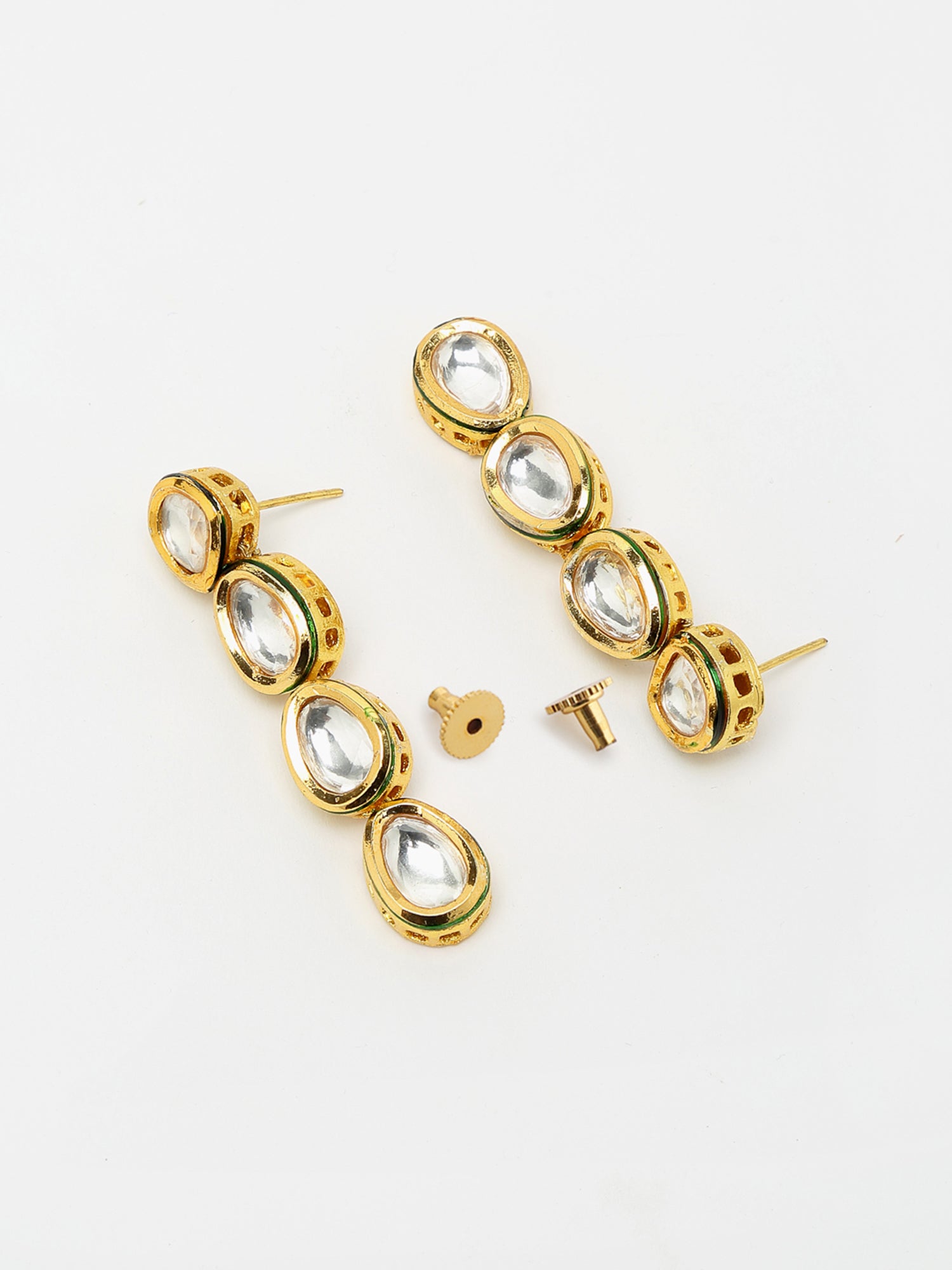 Gold-Polished Long Kundan Neckpiece With Earrings - Ruby Raang - Swadesiicart