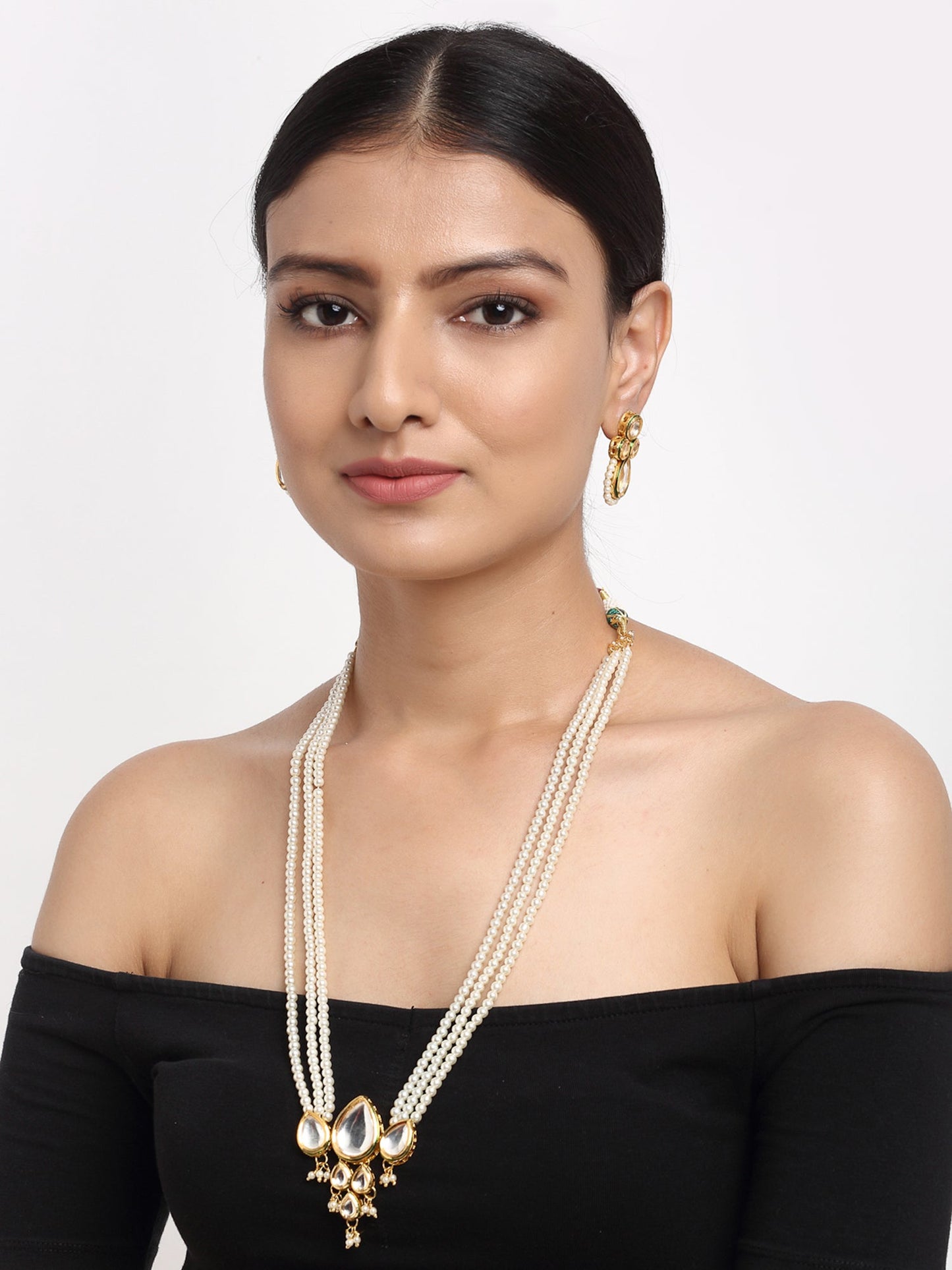 Long Kundan Neckpiece With Studs - Ruby Raang - Ruby Raang Studio
