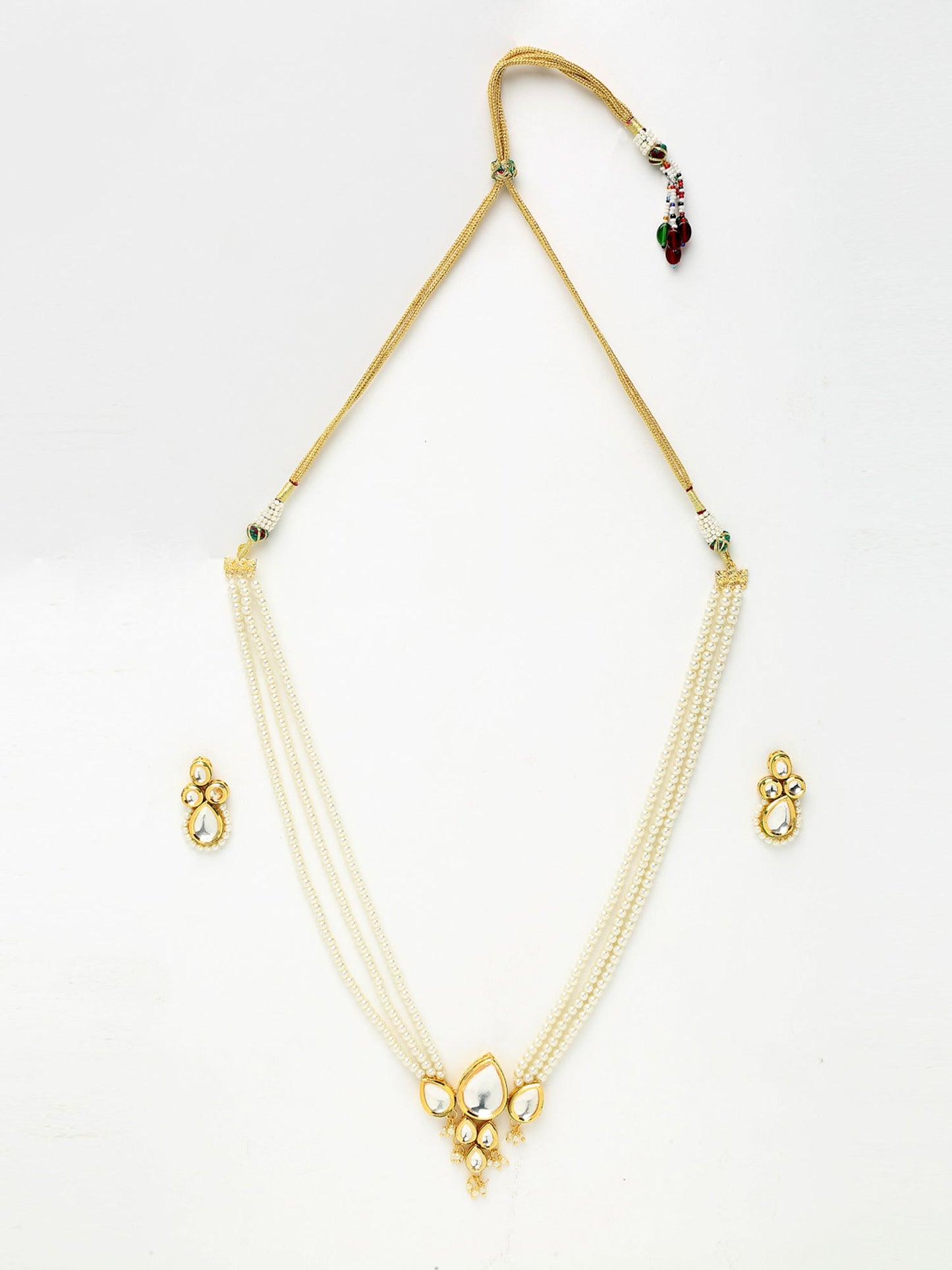 Long Kundan Neckpiece With Studs - Ruby Raang - Swadesiicart