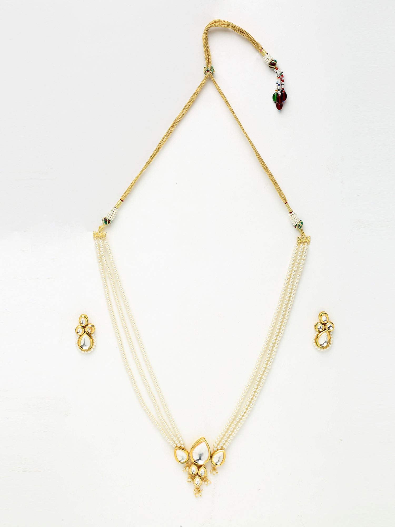 Long Kundan Neckpiece With Studs - Ruby Raang - Swadesiicart