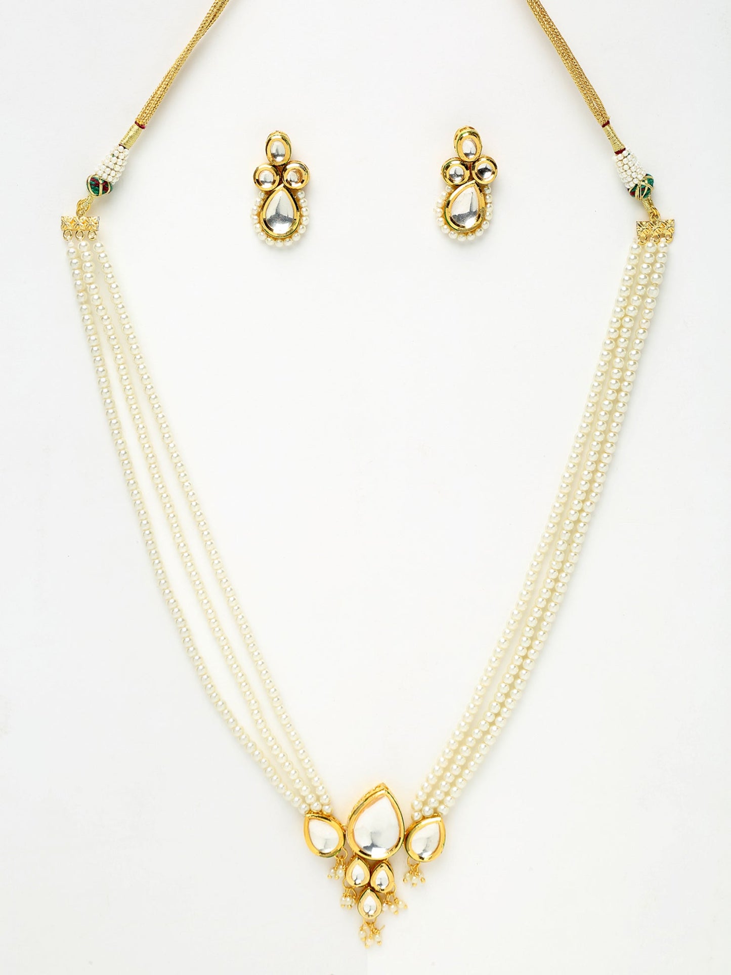 Long Kundan Neckpiece With Studs - Ruby Raang - Swadesiicart