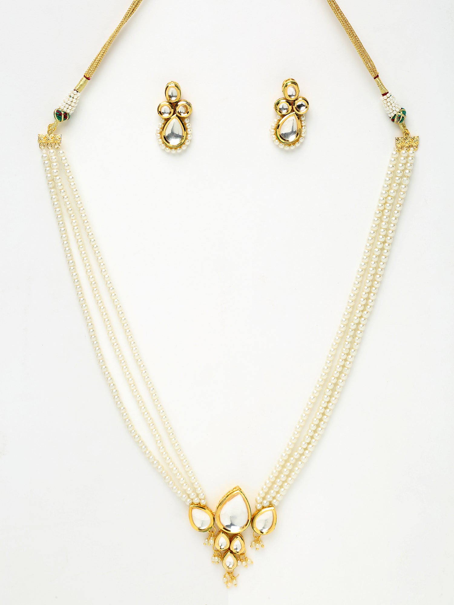 Long Kundan Neckpiece With Studs - Ruby Raang - Swadesiicart
