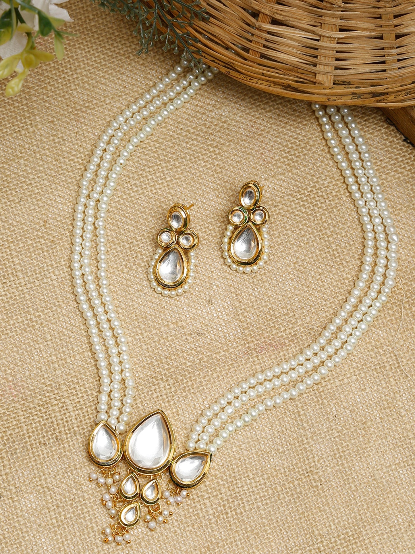 Long Kundan Neckpiece With Studs - Ruby Raang - Swadesiicart