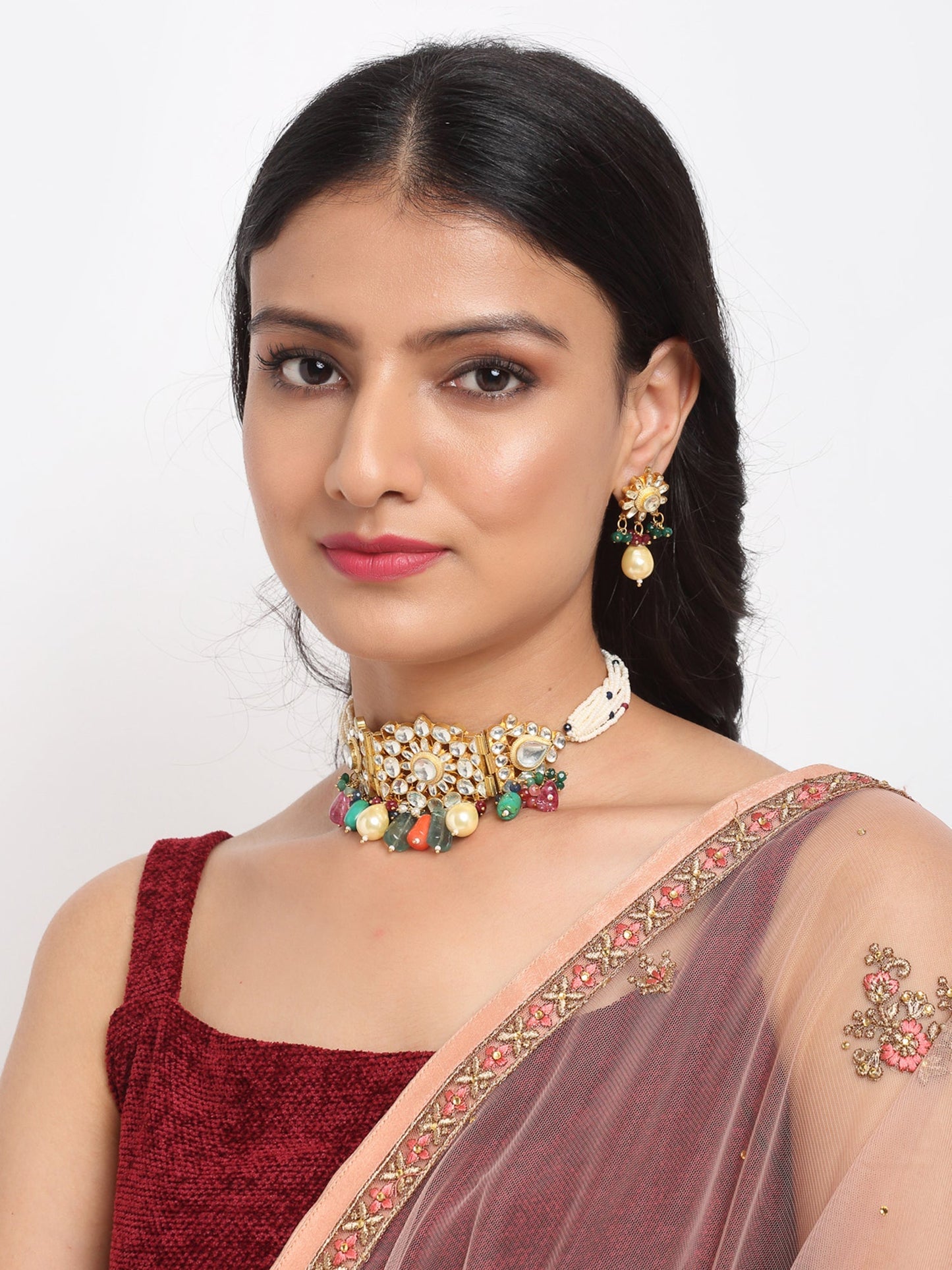 Kundan Maharani Choker With Earrings - Ruby Raang | Swadesiicart
