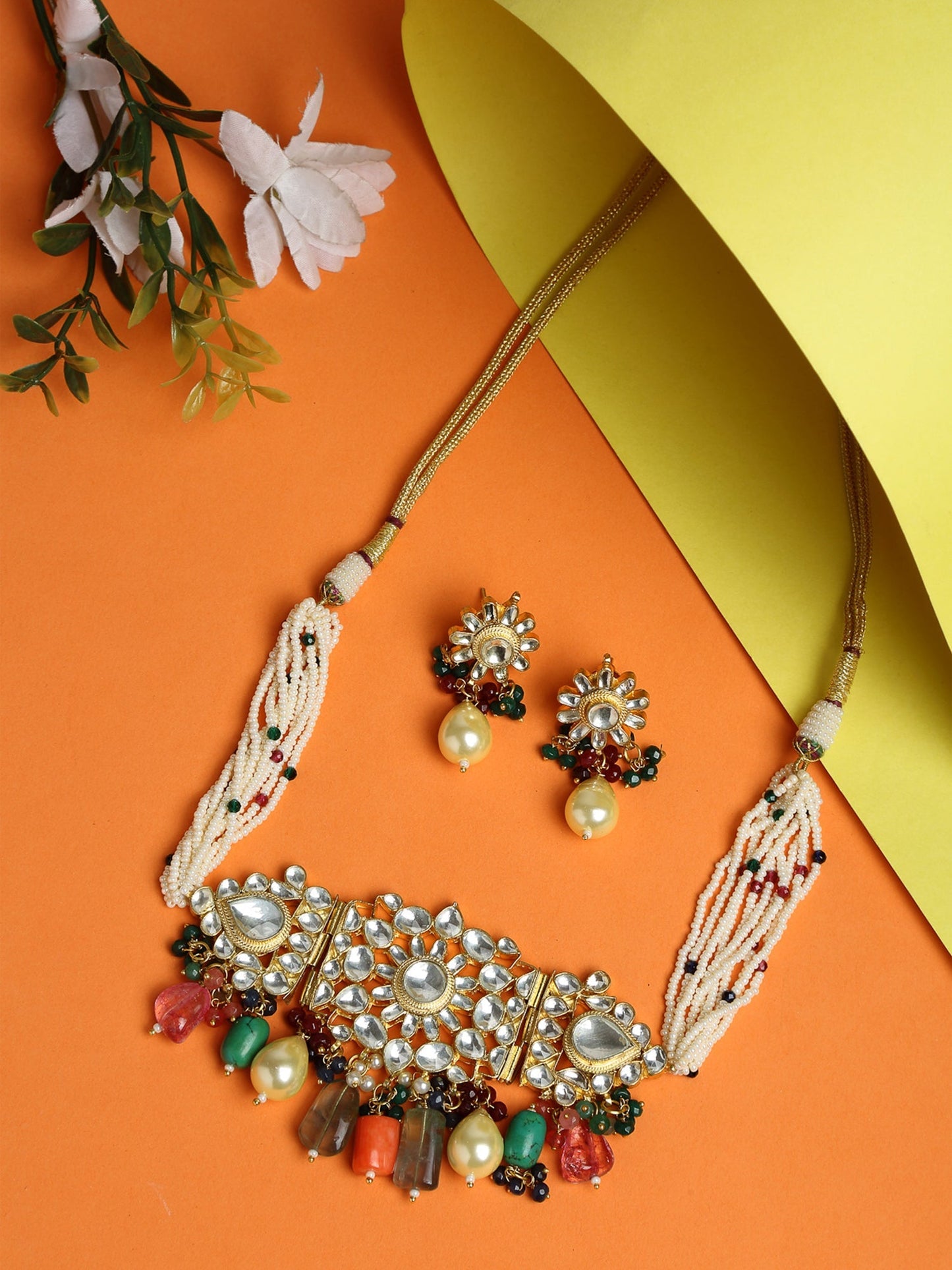 Kundan Maharani Choker With Earrings - Ruby Raang | Swadesiicart
