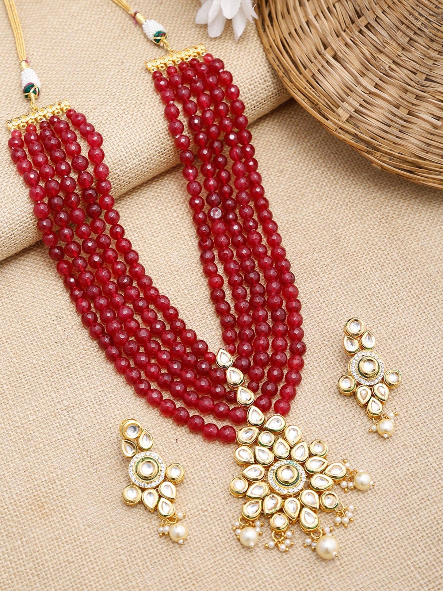 Gold-Polished Maroon Kundan Studded Beaded Jewellery Set - Ruby Raang - Ruby Raang Studio
