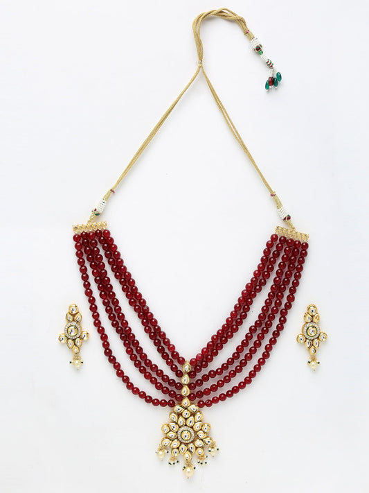 Gold-Polished Maroon Kundan Studded Beaded Jewellery Set - Ruby Raang - Swadesiicart
