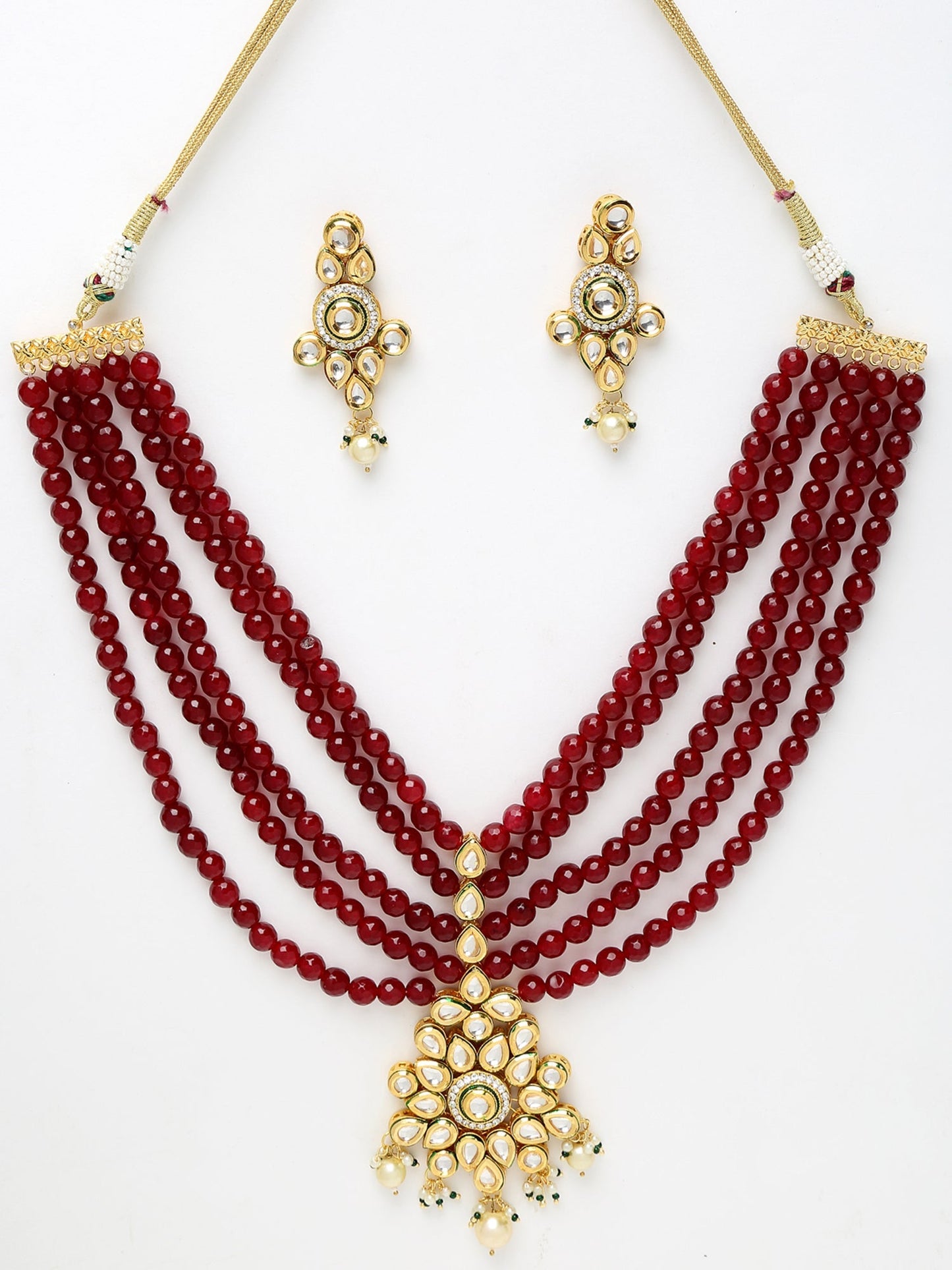 Gold-Polished Maroon Kundan Studded Beaded Jewellery Set - Ruby Raang - Swadesiicart