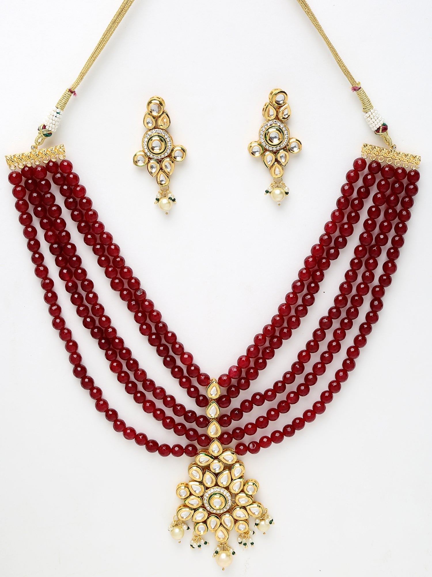 Gold-Polished Maroon Kundan Studded Beaded Jewellery Set - Ruby Raang - Swadesiicart