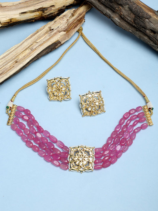 Gold-Polished Pink Kundan Choker With Studs - Ruby Raang | Swadesiicart