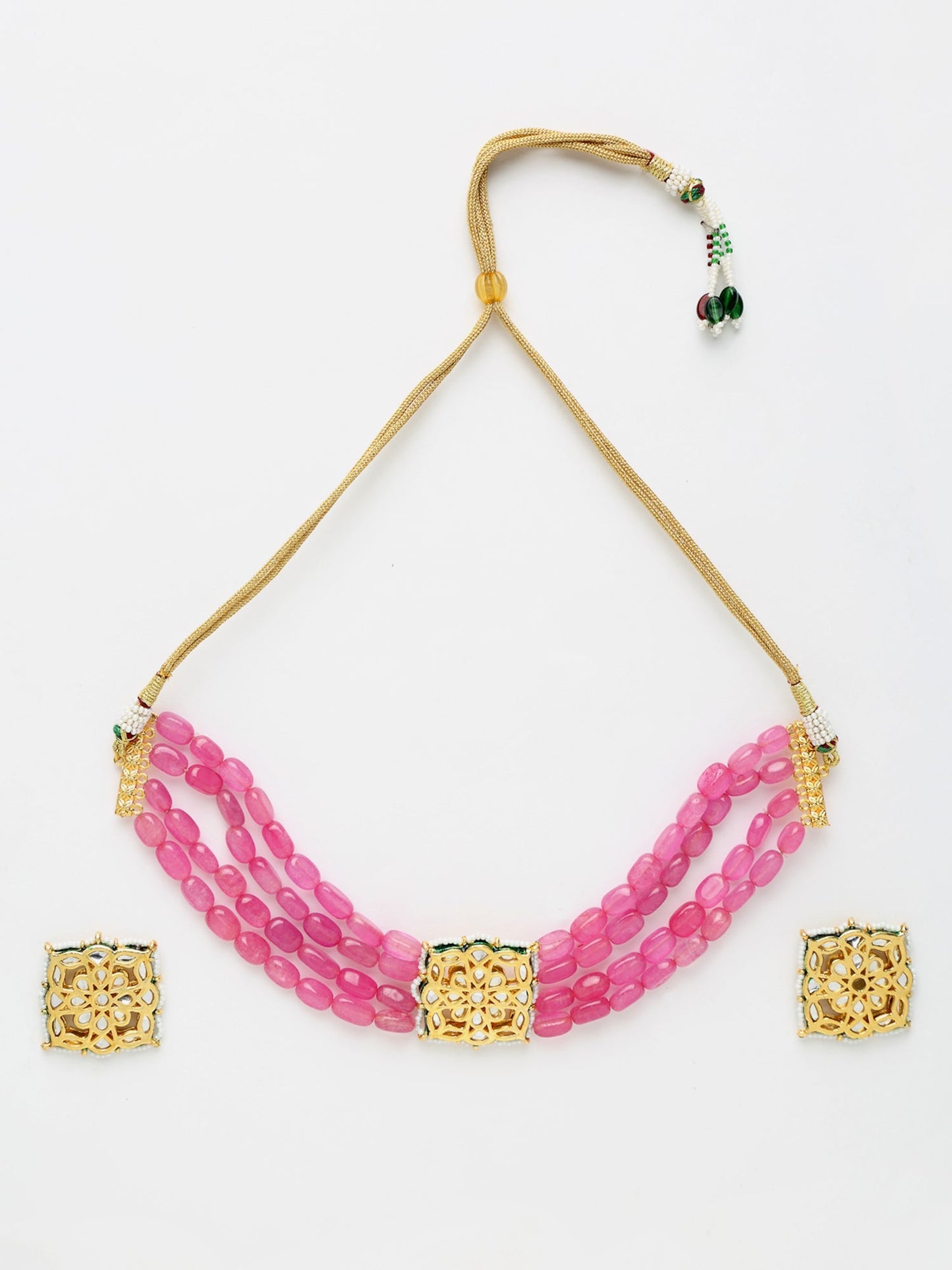 Gold-Polished Pink Kundan Choker With Studs - Ruby Raang | Swadesiicart