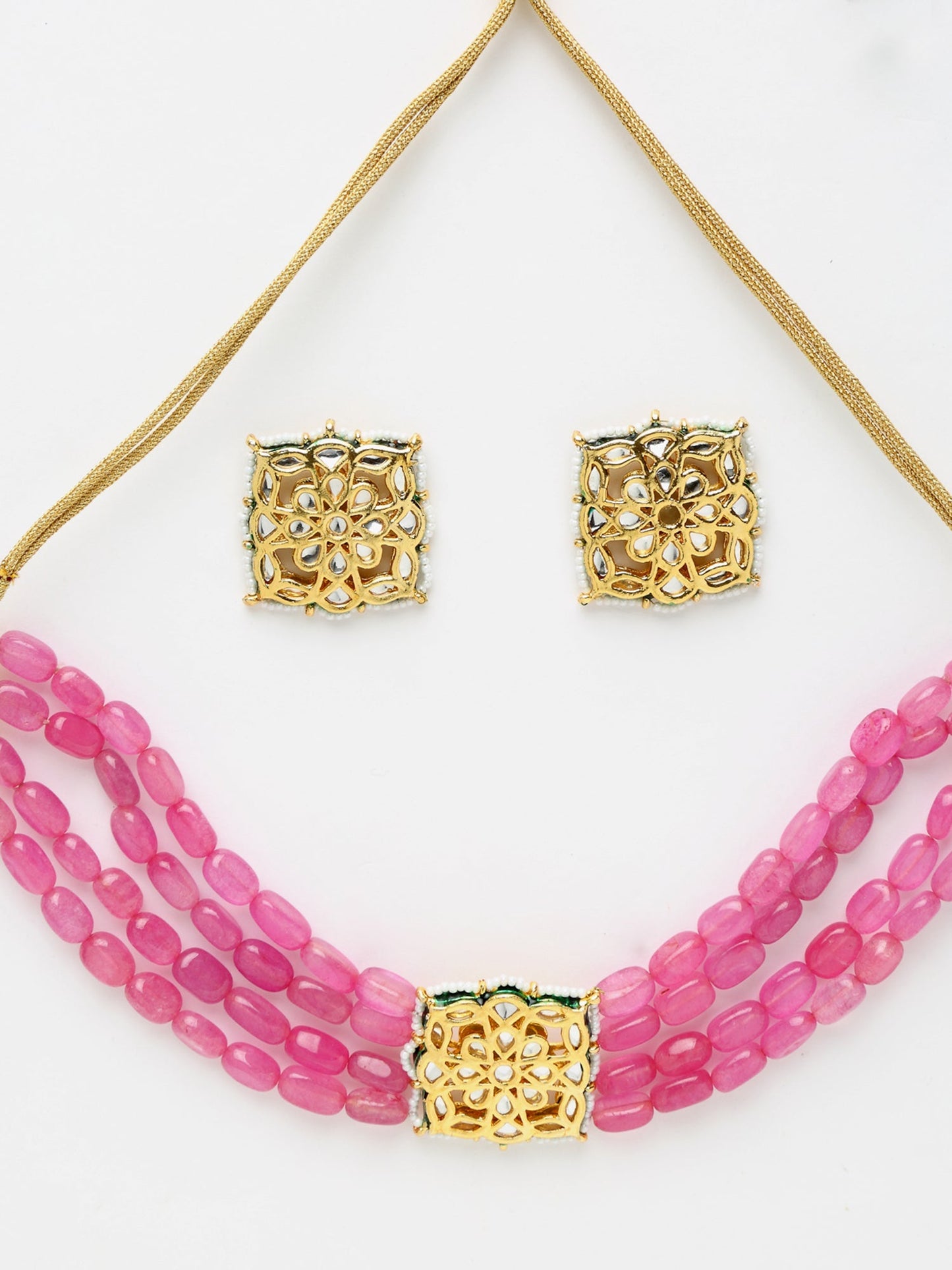 Gold-Polished Pink Kundan Choker With Studs - Ruby Raang | Swadesiicart
