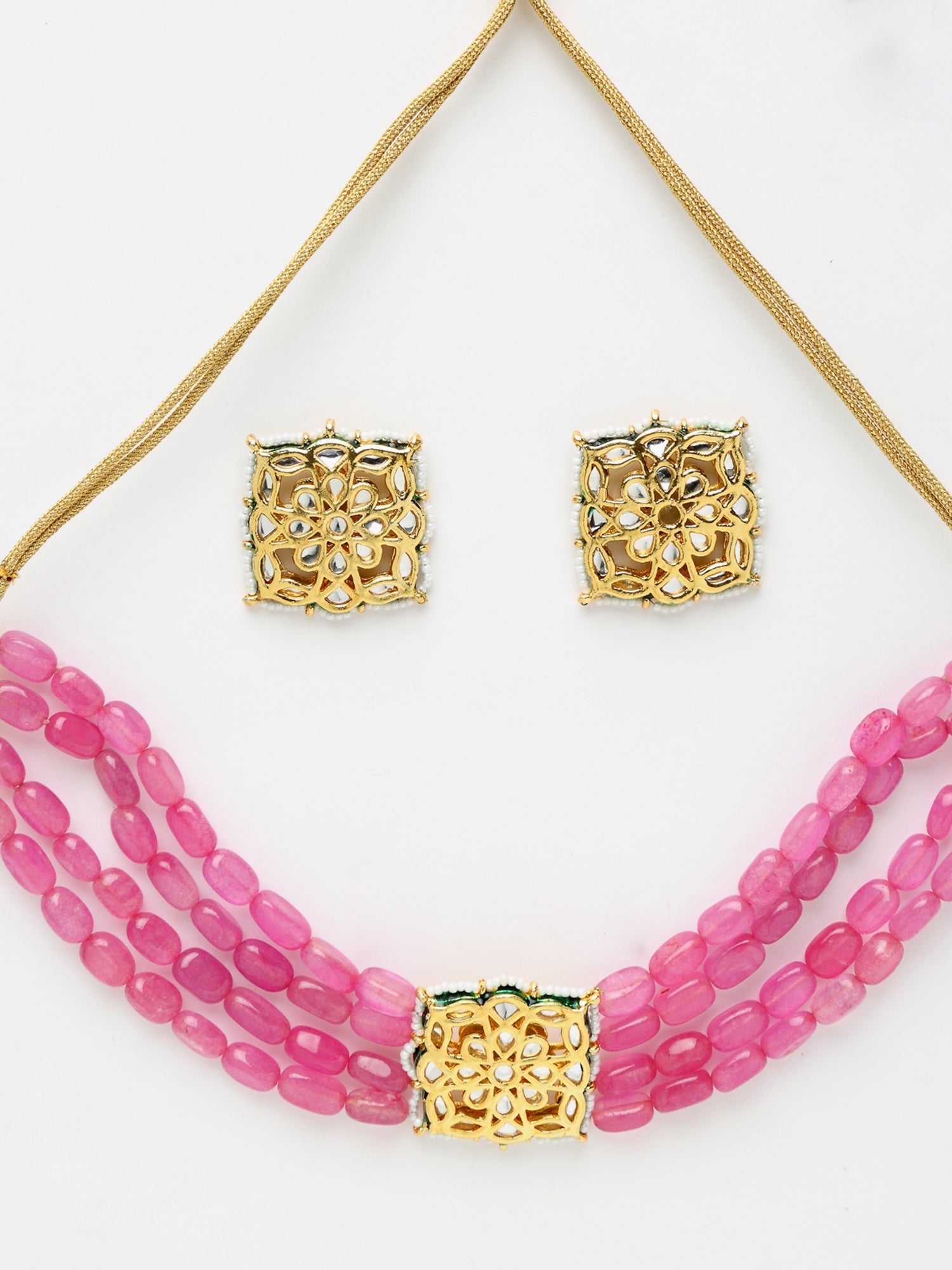 Gold-Polished Pink Kundan Choker With Studs - Ruby Raang | Swadesiicart