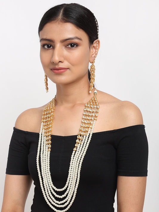 Layered Pearl Kundan Neckpiece With Earrings - Ruby Raang - Ruby Raang Studio