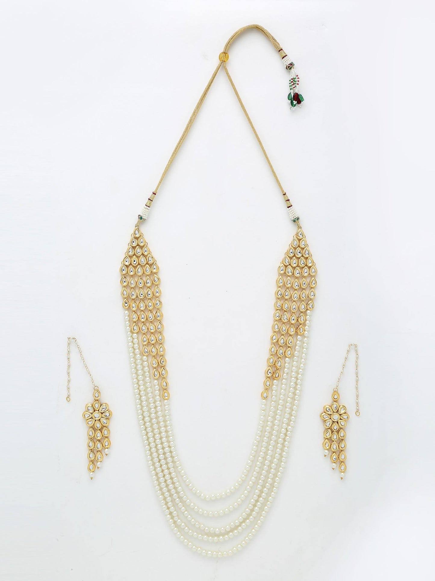 Layered Pearl Kundan Neckpiece With Earrings - Ruby Raang - Swadesiicart