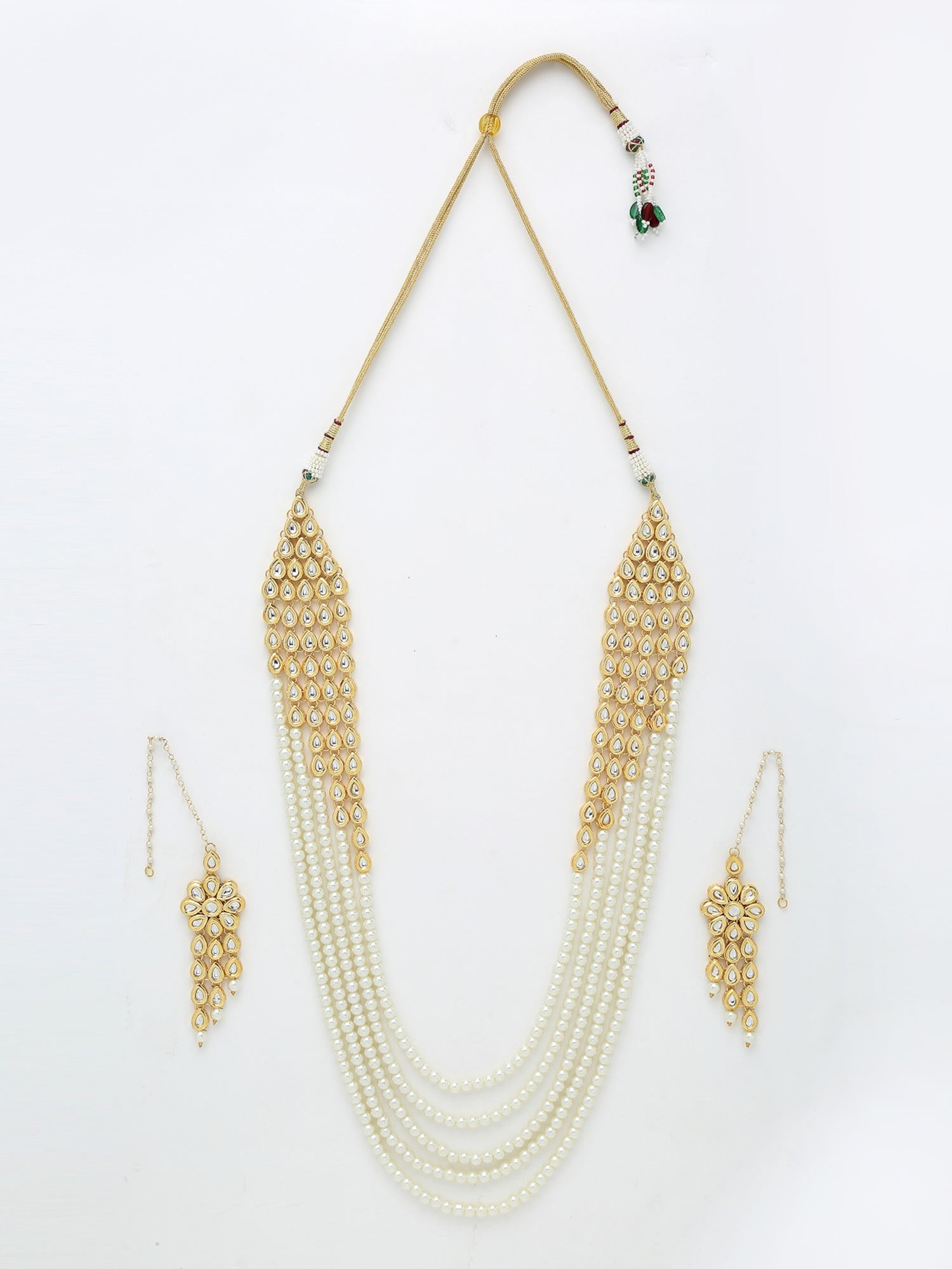 Layered Pearl Kundan Neckpiece With Earrings - Ruby Raang - Swadesiicart
