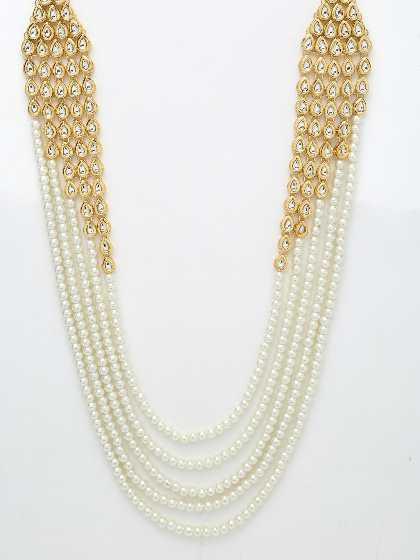 Layered Pearl Kundan Neckpiece With Earrings - Ruby Raang - Swadesiicart