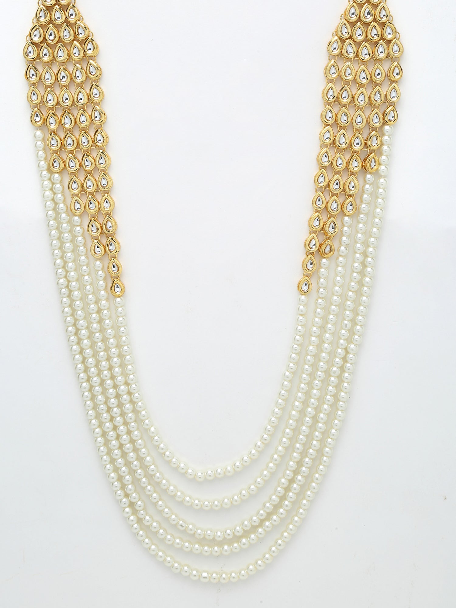 Layered Pearl Kundan Neckpiece With Earrings - Ruby Raang - Swadesiicart