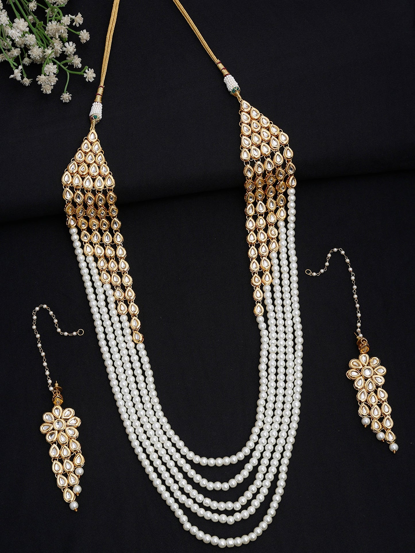 Layered Pearl Kundan Neckpiece With Earrings - Ruby Raang - Swadesiicart