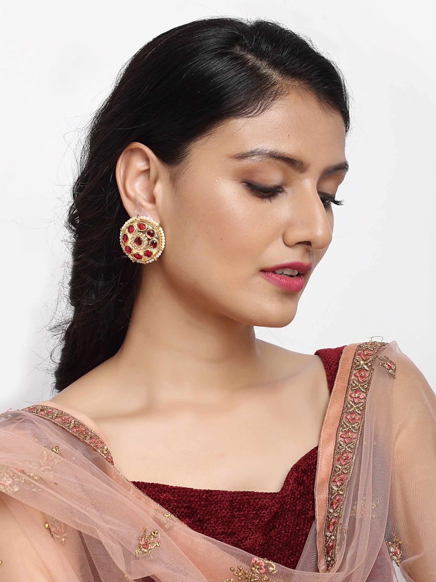 Kundan & Pearl Studs - Ruby Raang - Swadesiicart