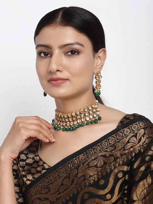 Stone Kundan Choker With Earrings - Ruby Raang | Swadesiicart